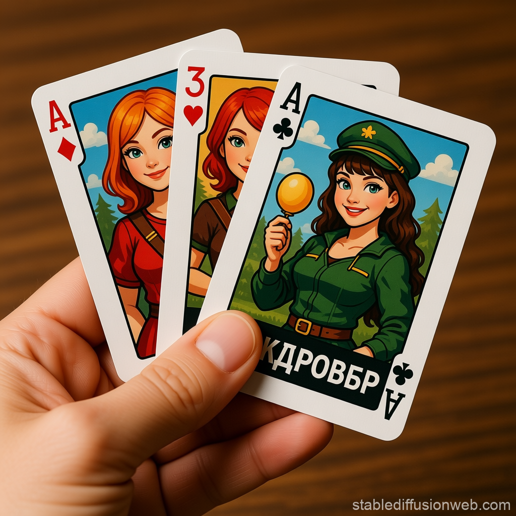 Hand Holding Playing Cards with Cartoon Female Characters