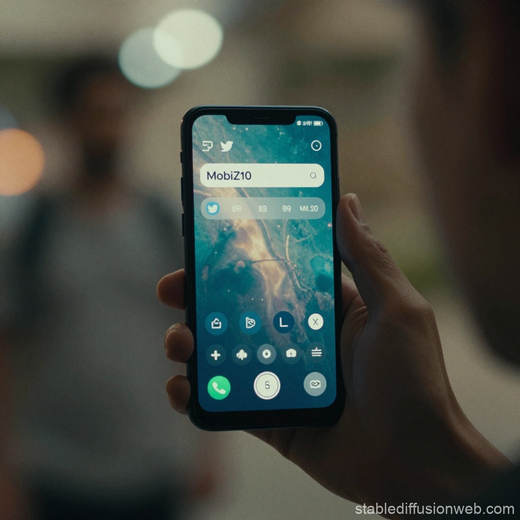 Hand Holding Smartphone Displaying MobiZ10 Interface