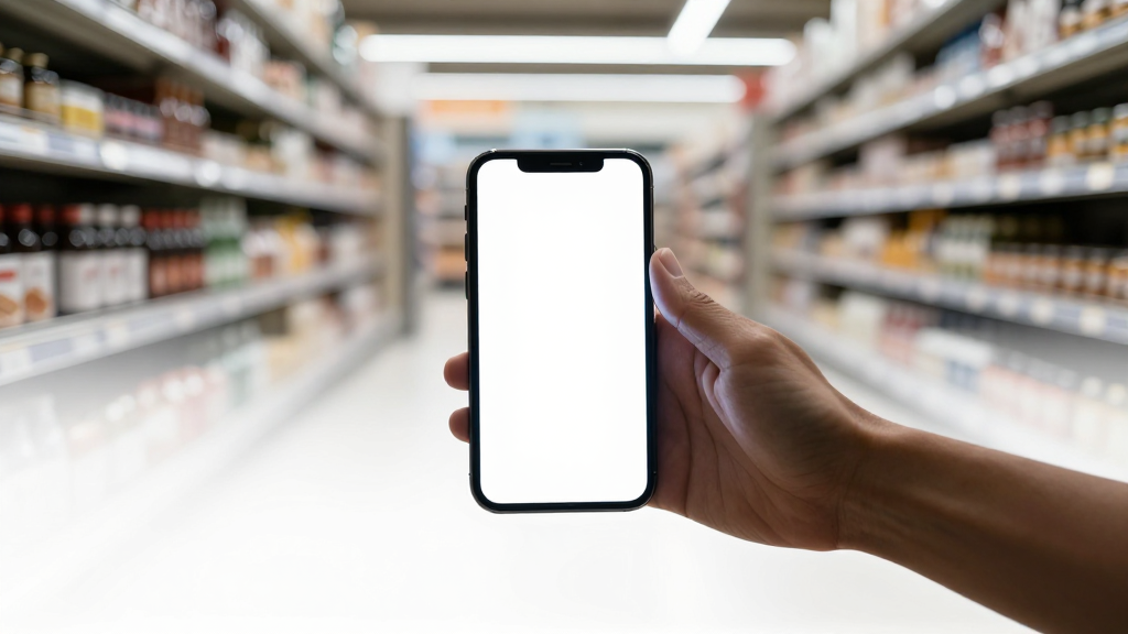 Hand Holding Smartphone in Empty Supermarket Aisle