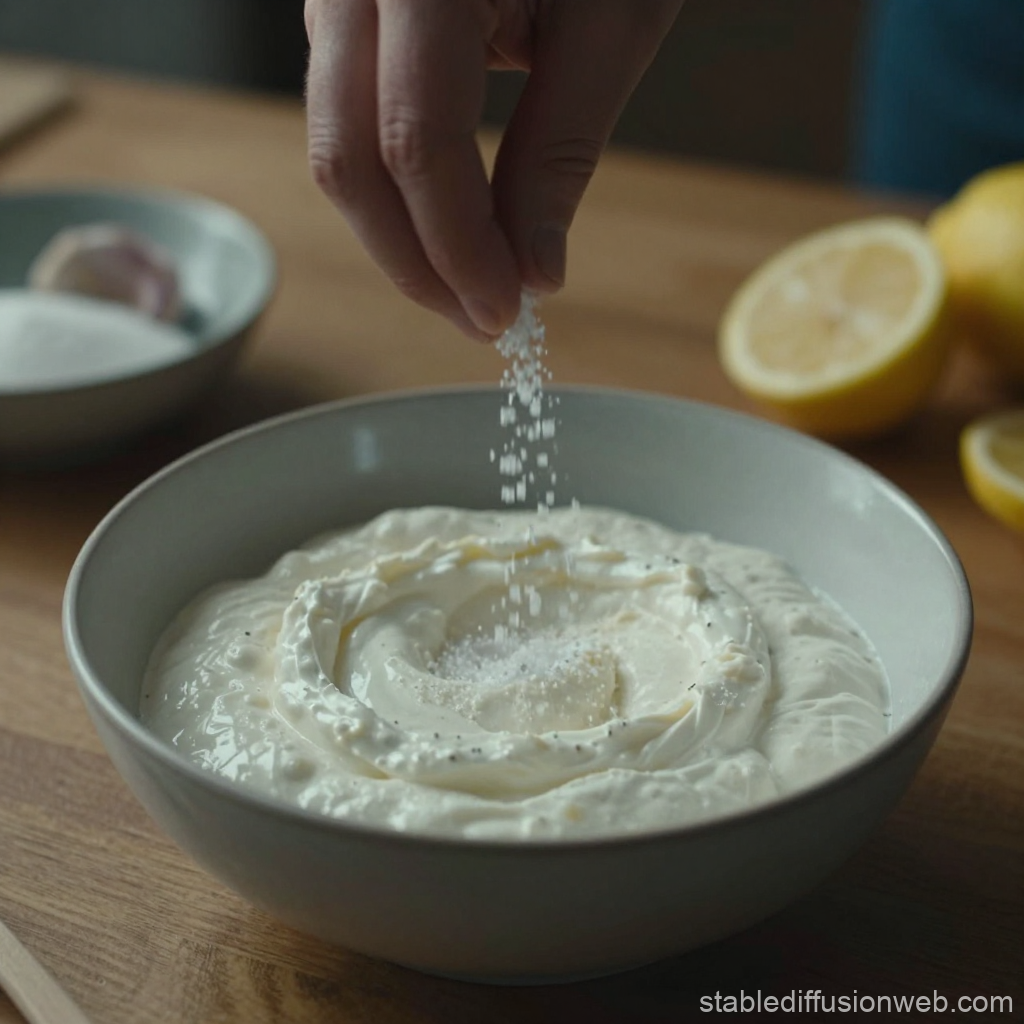Hand Sprinkling Salt Over Creamy Dip in Bowl