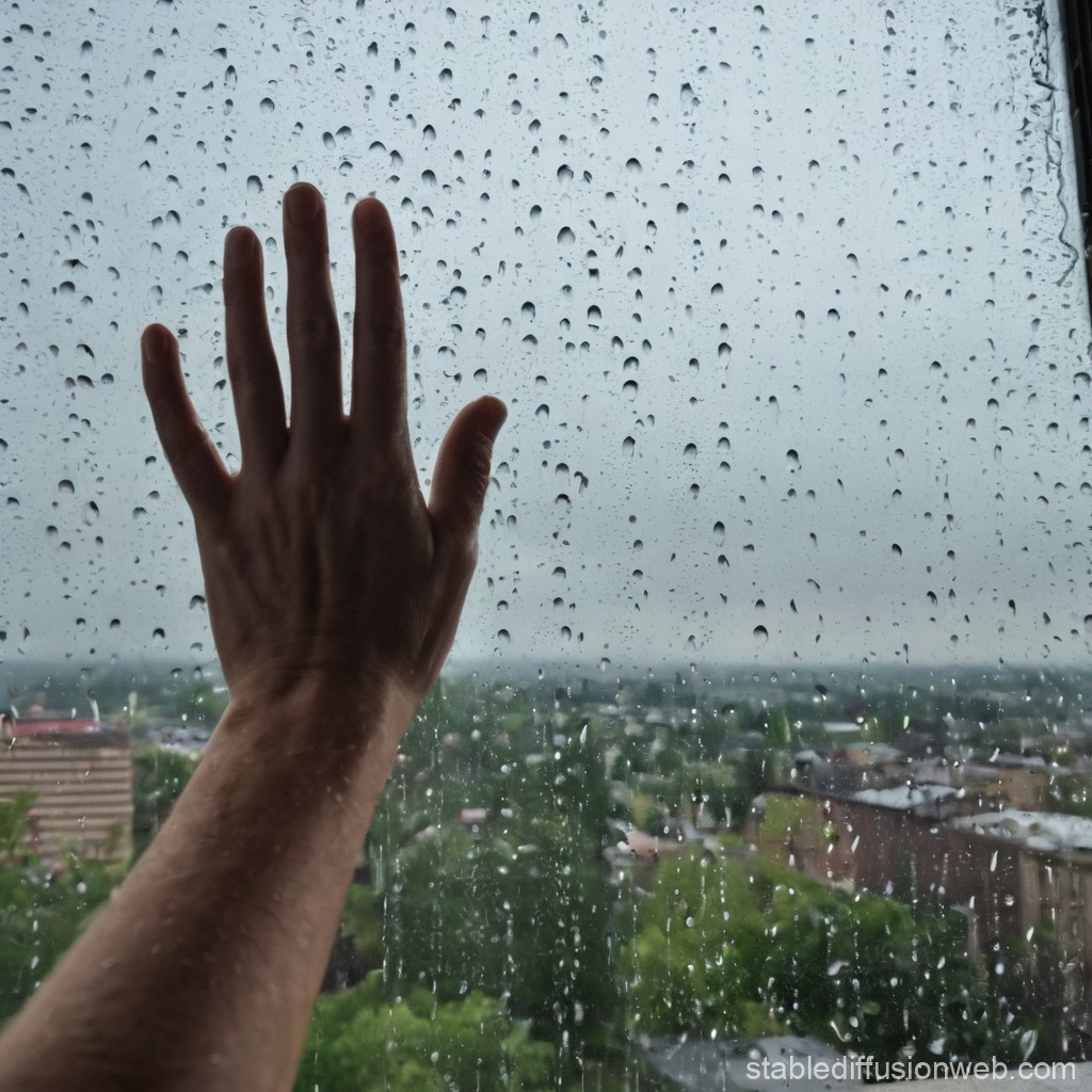 Hand Touching Rain-Spattered Window Over Cityscape