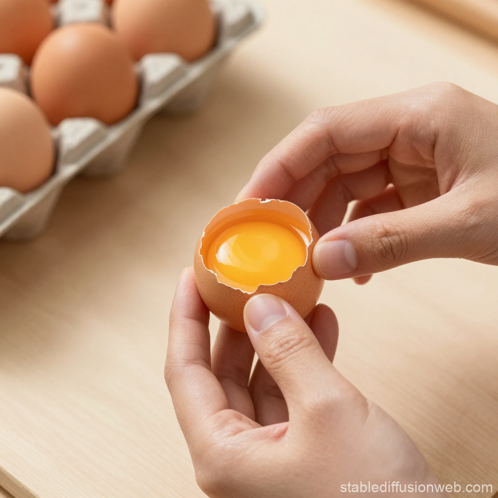 Hands Cracking Open a Fresh Egg with Yolk Inside