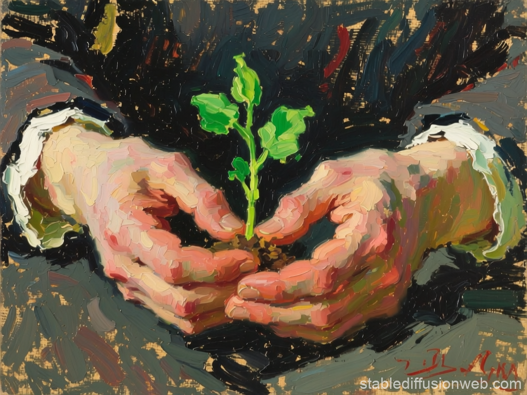 Hands Cradling a Young Green Plant in Oil Painting