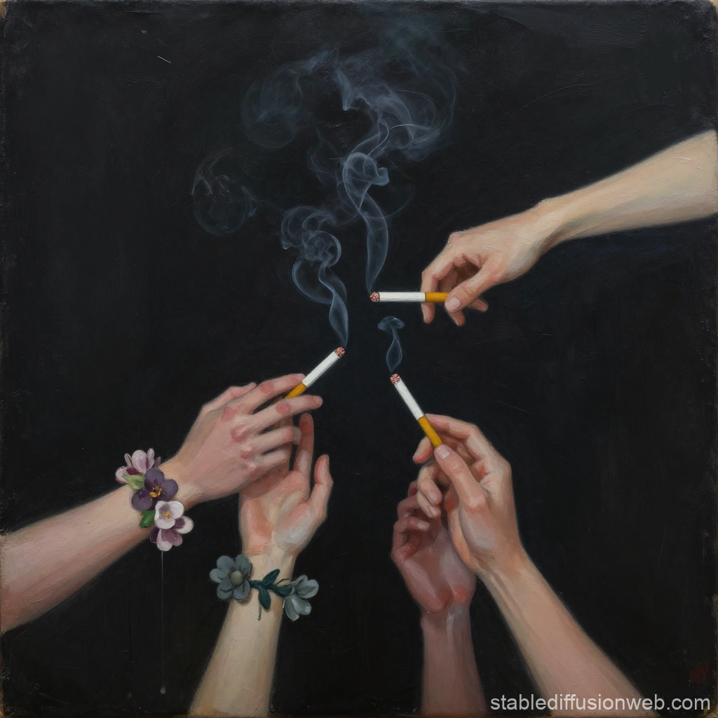 Hands Holding Cigarettes with Smoke Against Dark Background