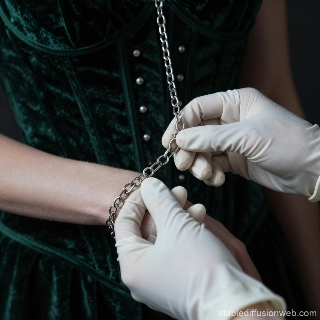 Hands in Gloves Holding Silver Chain on Wrist