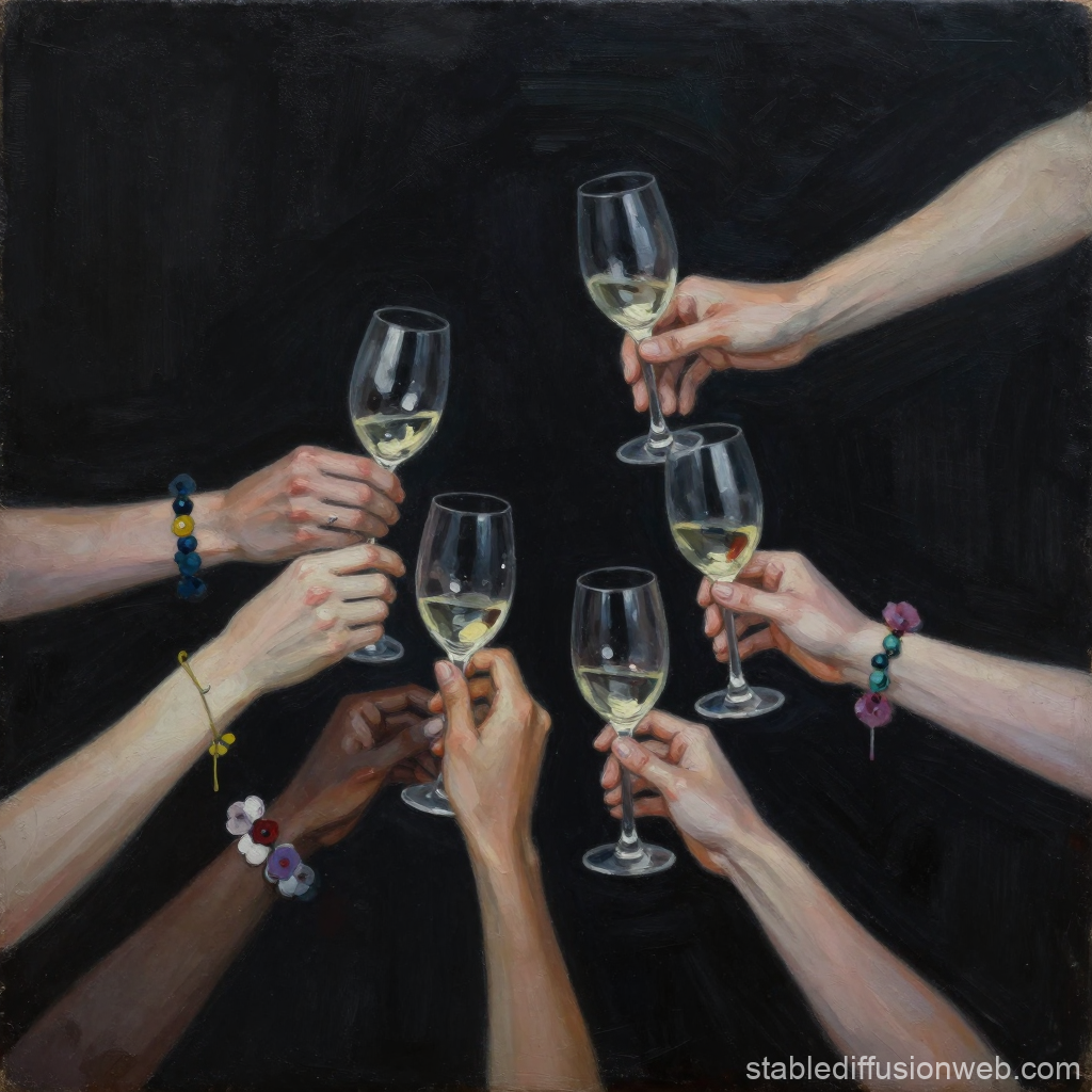 Hands Toasting with Wine Glasses on Black Background