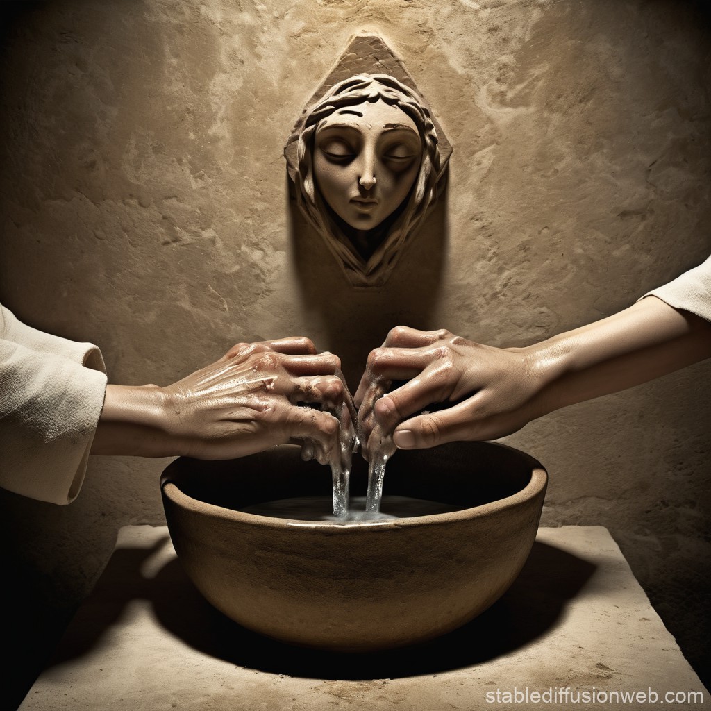 Hands Washing Under Sculpted Face Fountain