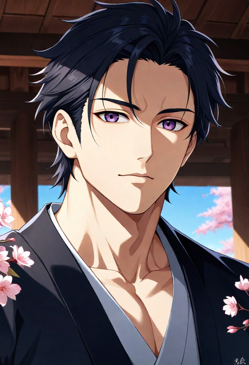 Handsome Anime Man with Purple Eyes in Traditional Attire