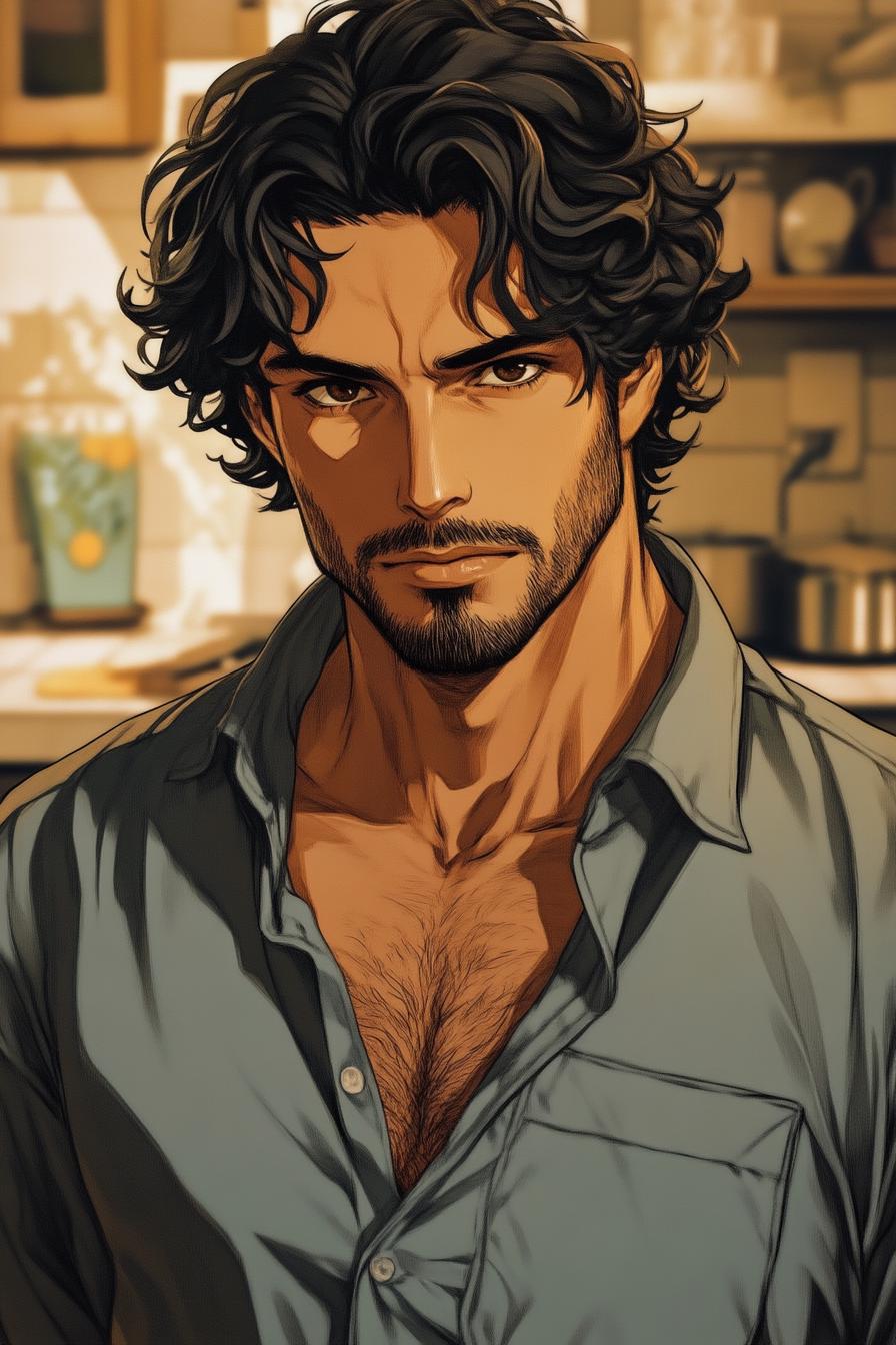 Handsome Bearded Man with Curly Hair in Casual Shirt