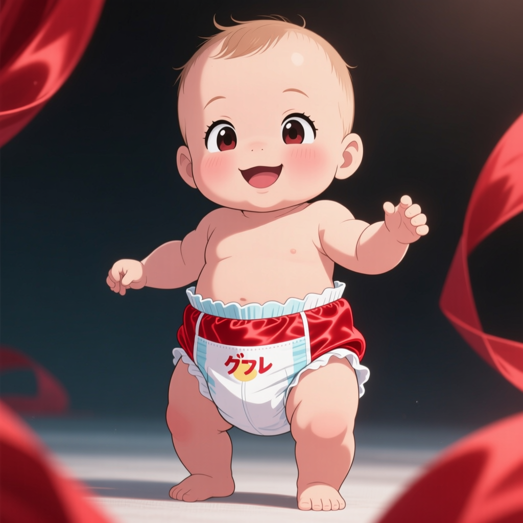 Happy Anime Baby in Red Silk Pants