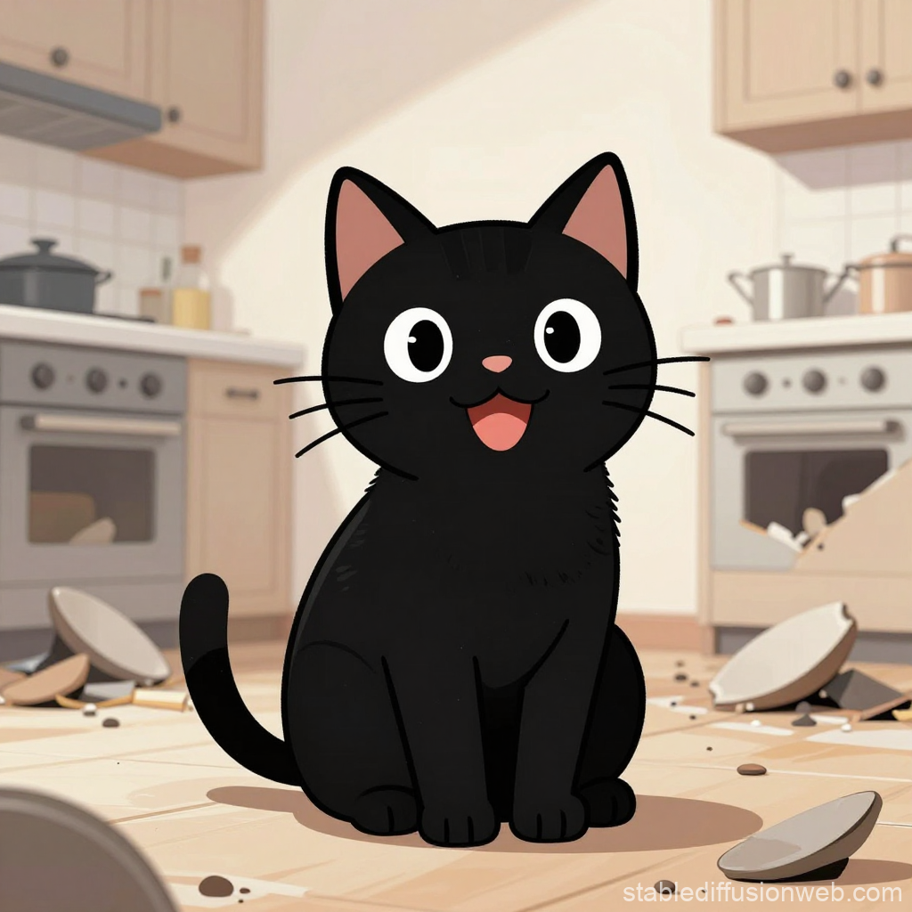Happy Black Cat Sitting in Messy Kitchen