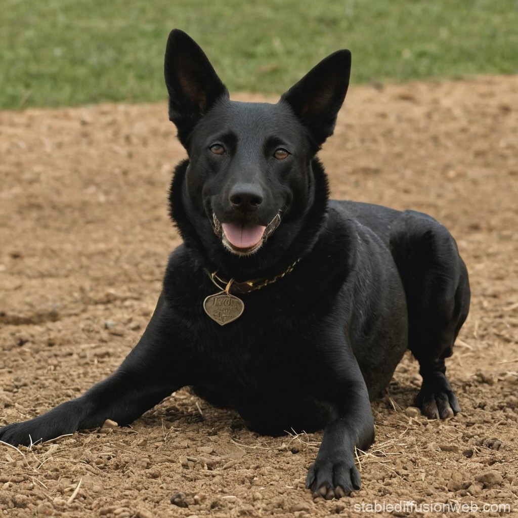 Happy Black German Shepherd Dog Lying on Dirt