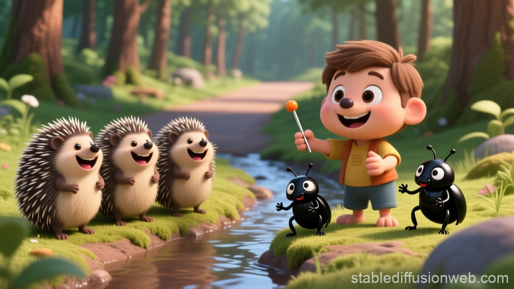 Happy Boy with Laughing Hedgehogs and Bugs in Forest