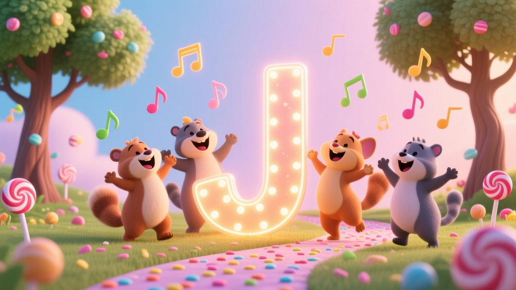 Happy Cartoon Animals Dancing Around a Glowing Letter J