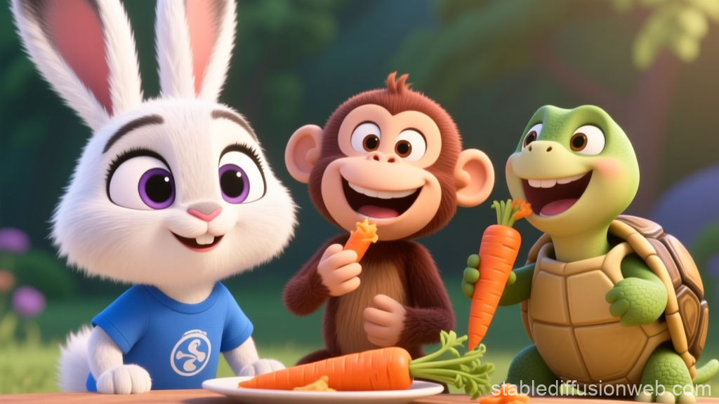 Happy Cartoon Animals Sharing Carrots in a Sunny Forest