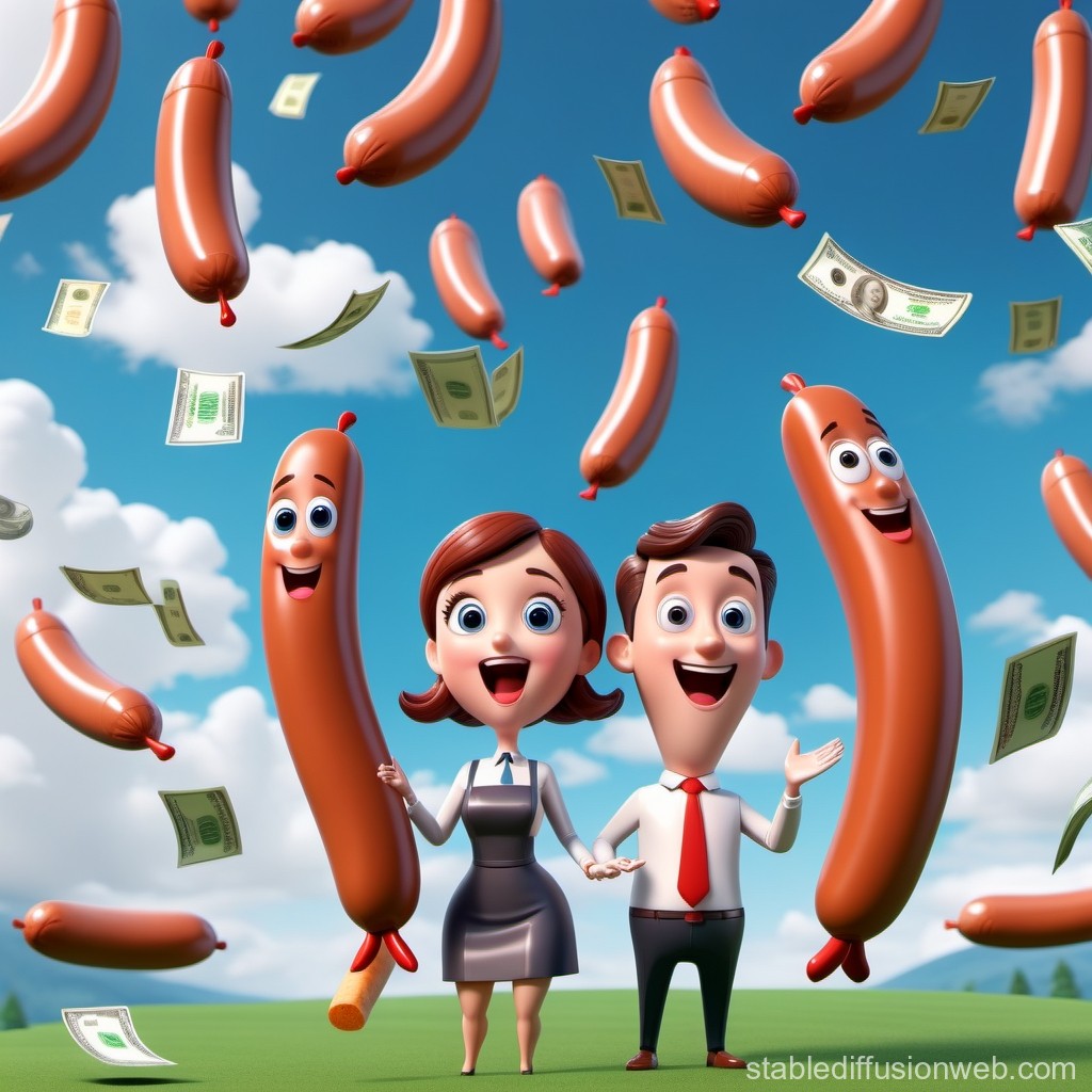 Happy Cartoon Couple Surrounded by Flying Sausages and Money