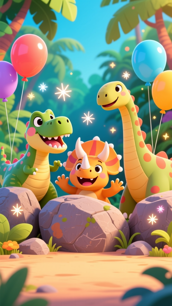 Happy Cartoon Dinosaurs with Balloons in a Jungle
