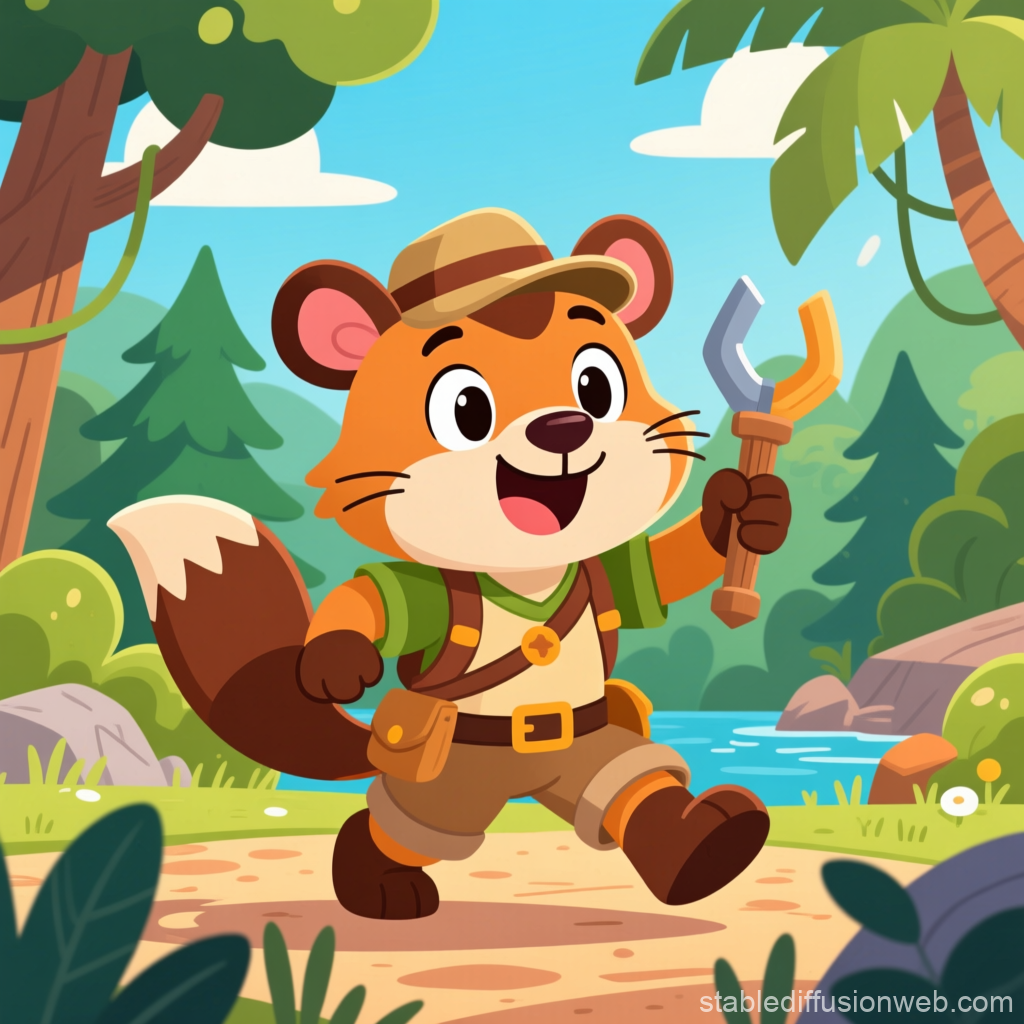Happy Cartoon Fox Explorer in Forest Adventure