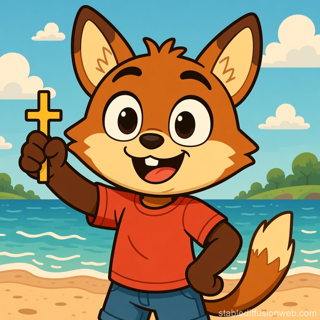 Happy Cartoon Fox Holding a Cross at the Beach
