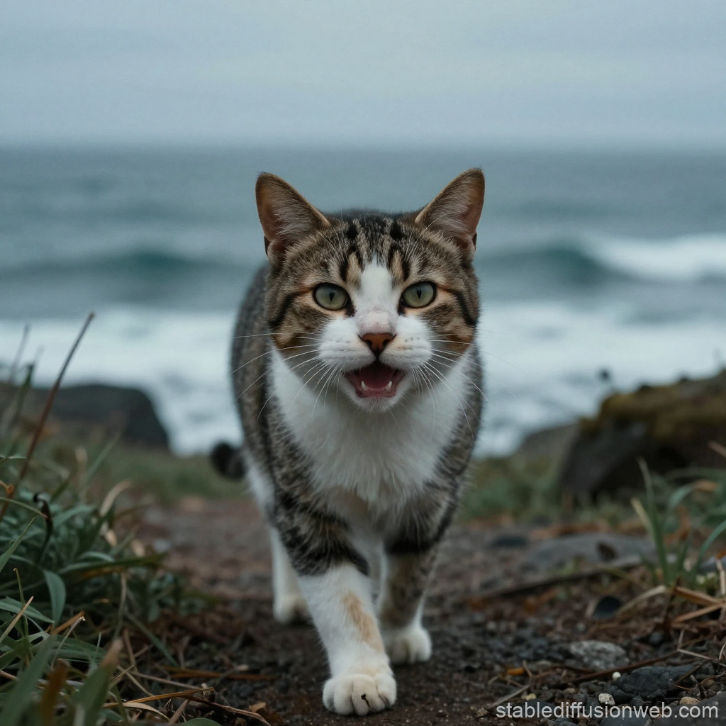 Happy Cat Walking Along a Coastal Path