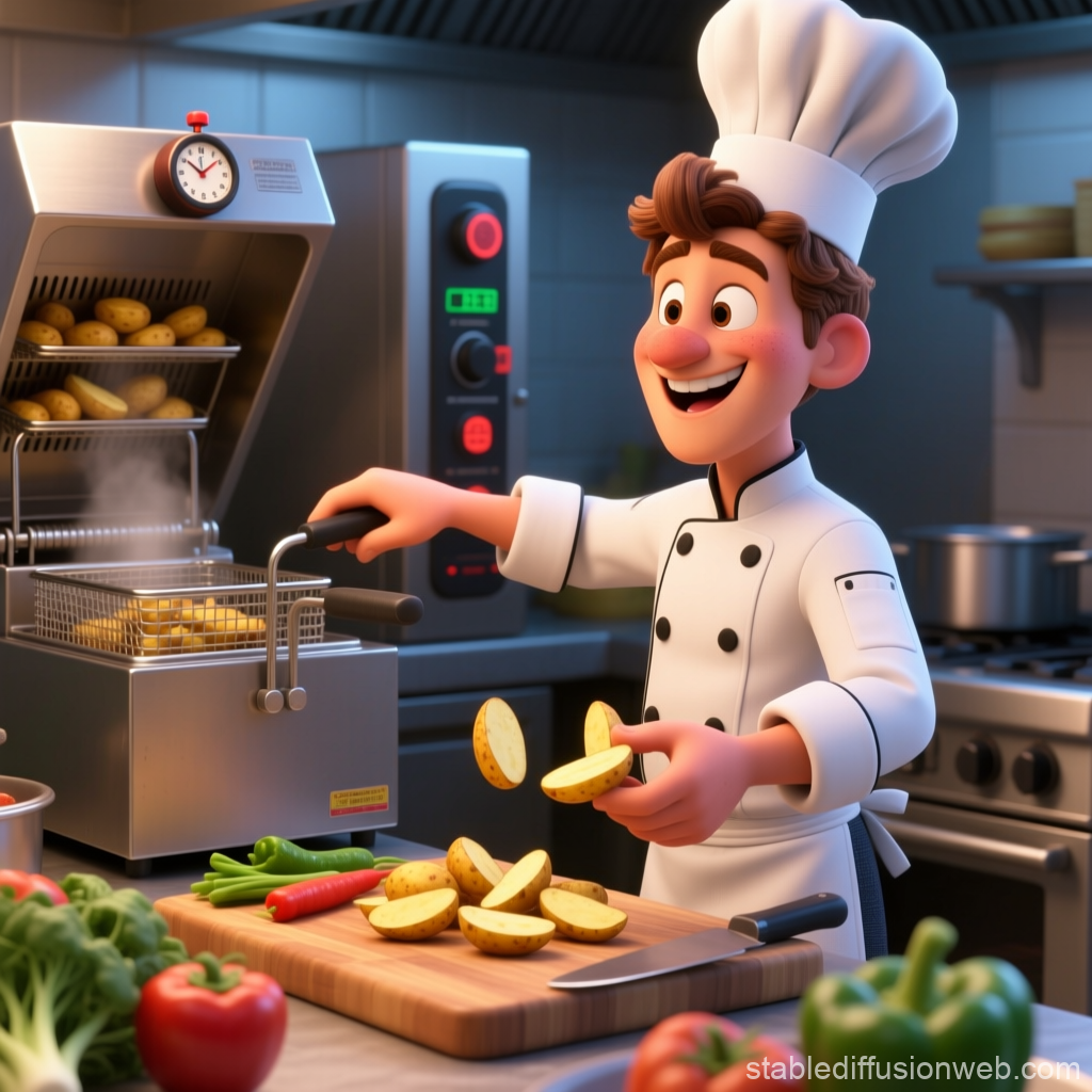 Happy Chef Cooking Potatoes in Professional Kitchen