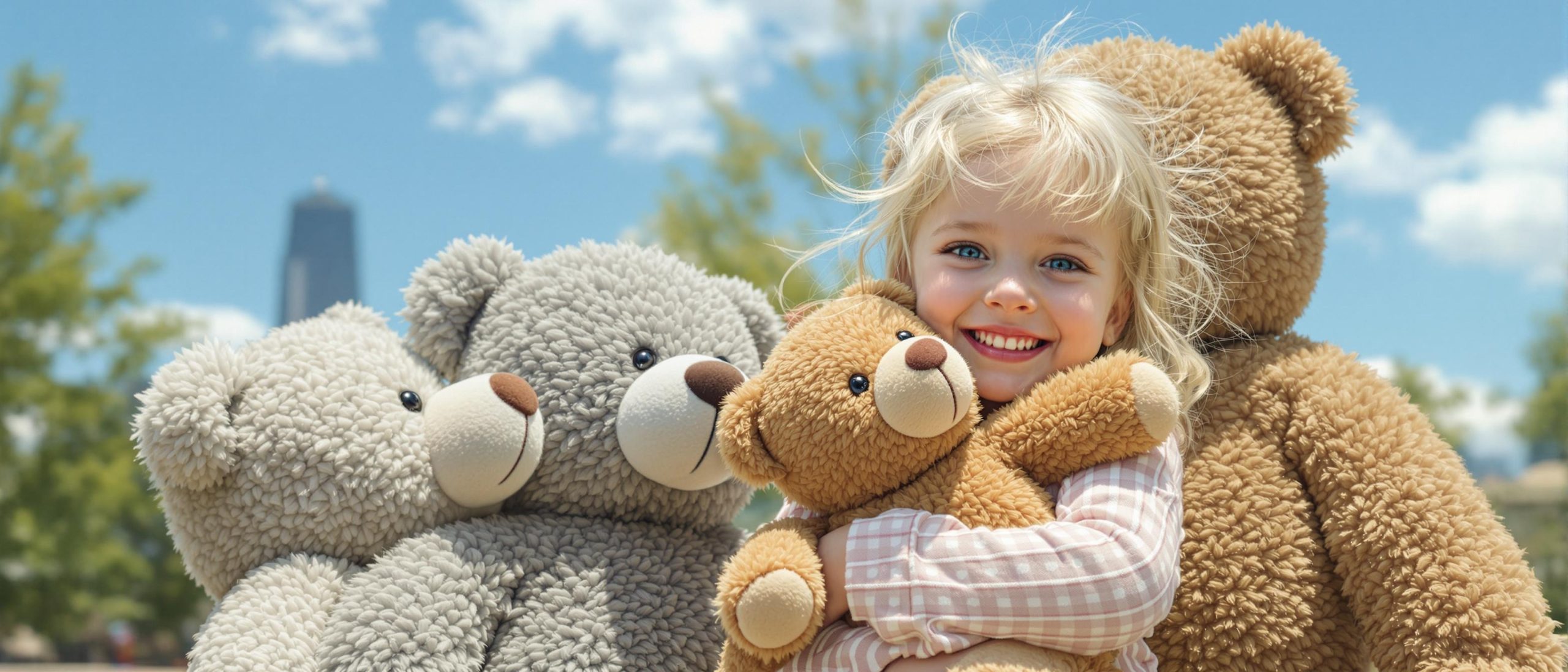 Happy Child Hugging Large Teddy Bears Outdoors