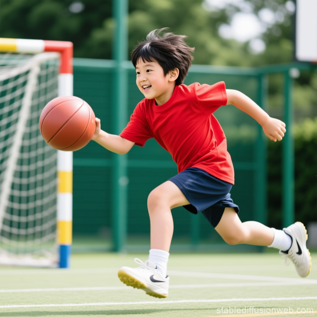 Happy Child Playing Basketball Outdoors