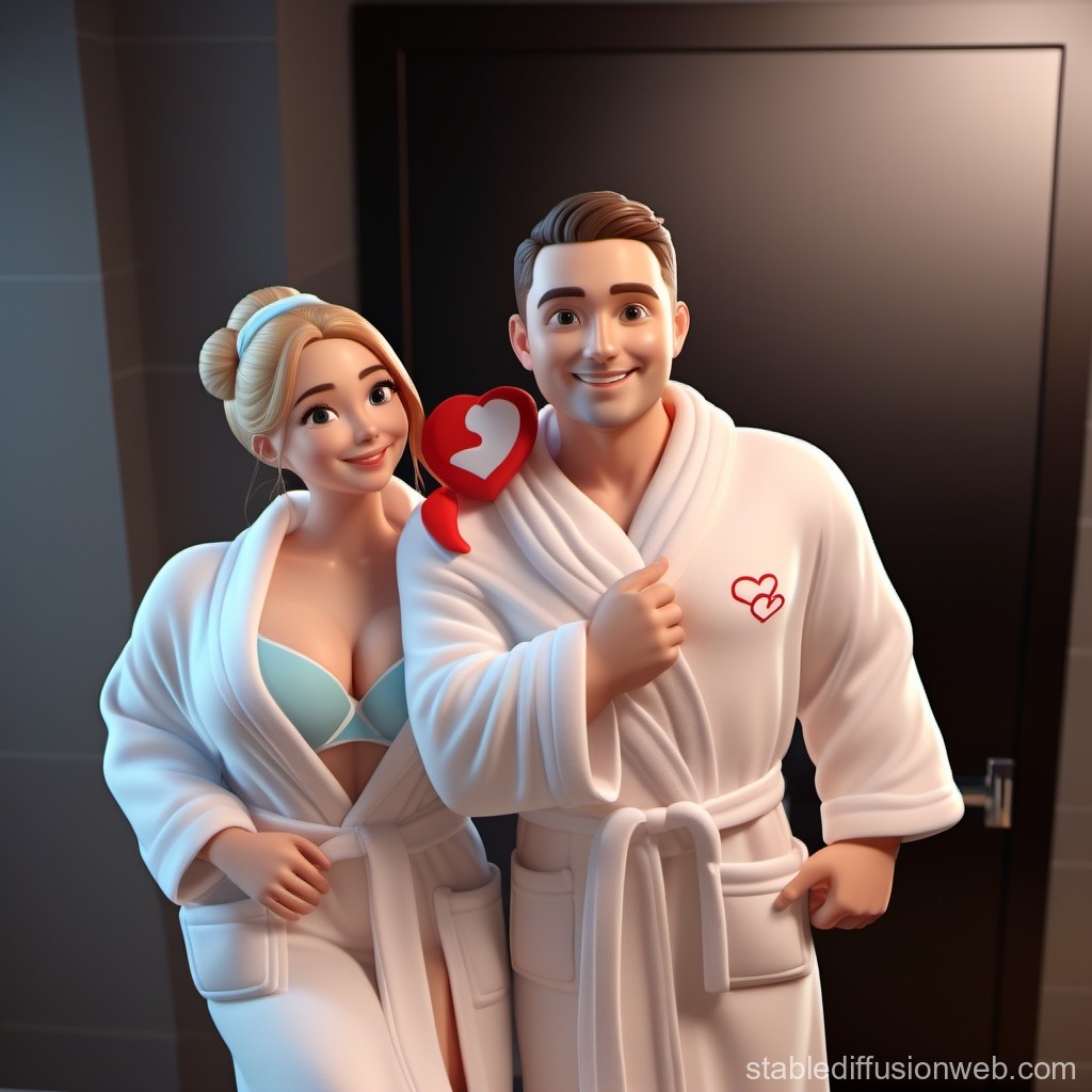 Happy Couple in Bathrobes with Heart Symbol