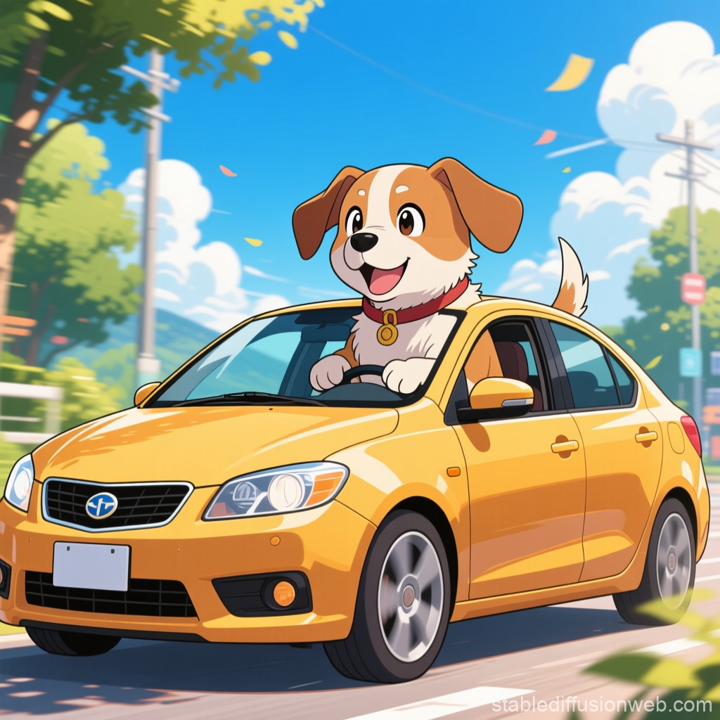 Happy Dog Driving a Yellow Car on a Sunny Day