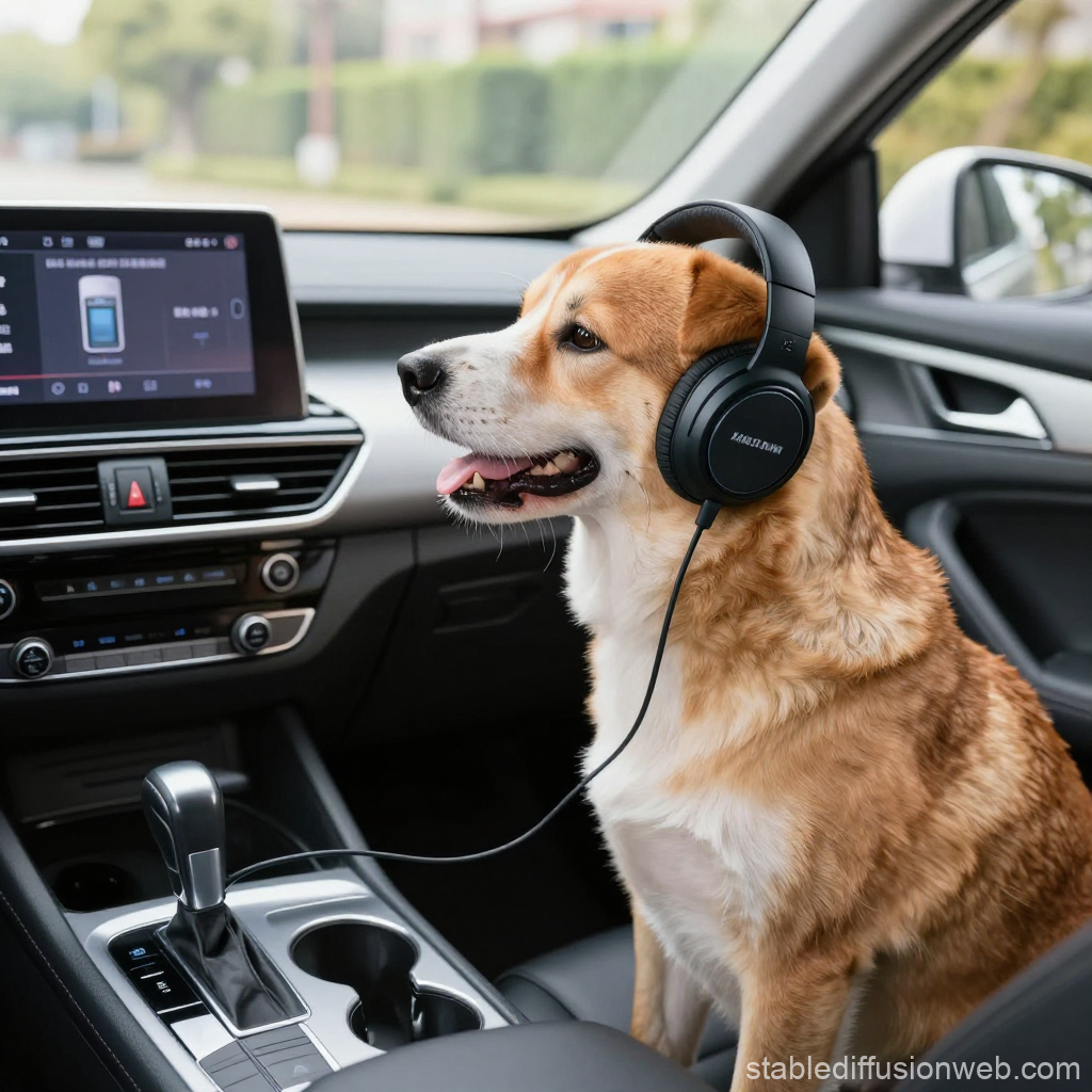 Happy Dog Listening to Music in Car with Headphones