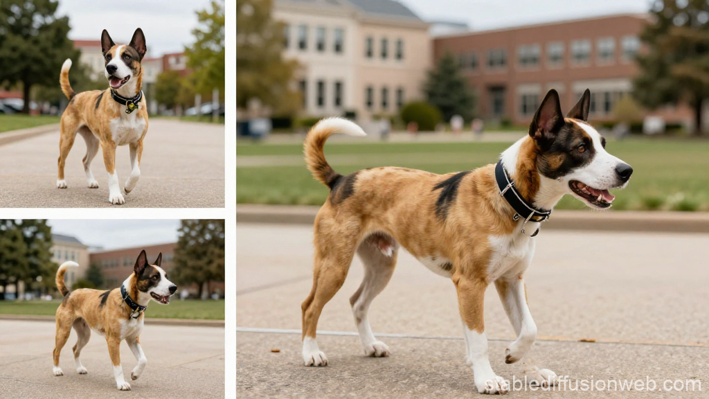 Happy Dog Walking on Campus Pathway