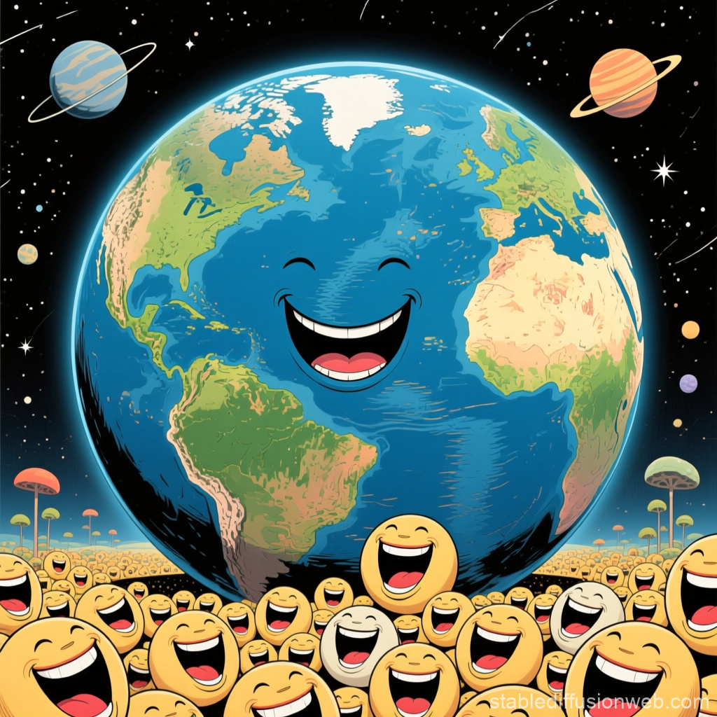 Happy Earth Surrounded by Laughing Emoji Crowd in Space