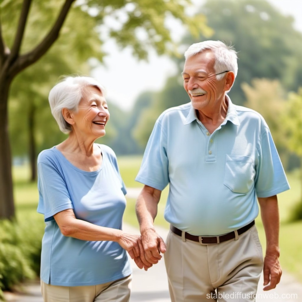 Happy Elderly Couple Walking Hand in Hand in Park