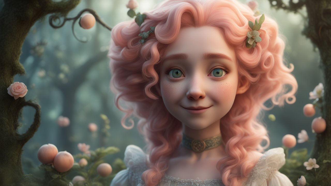 Happy Fairytale Villager with Pink Curly Hair in Enchanted Garden