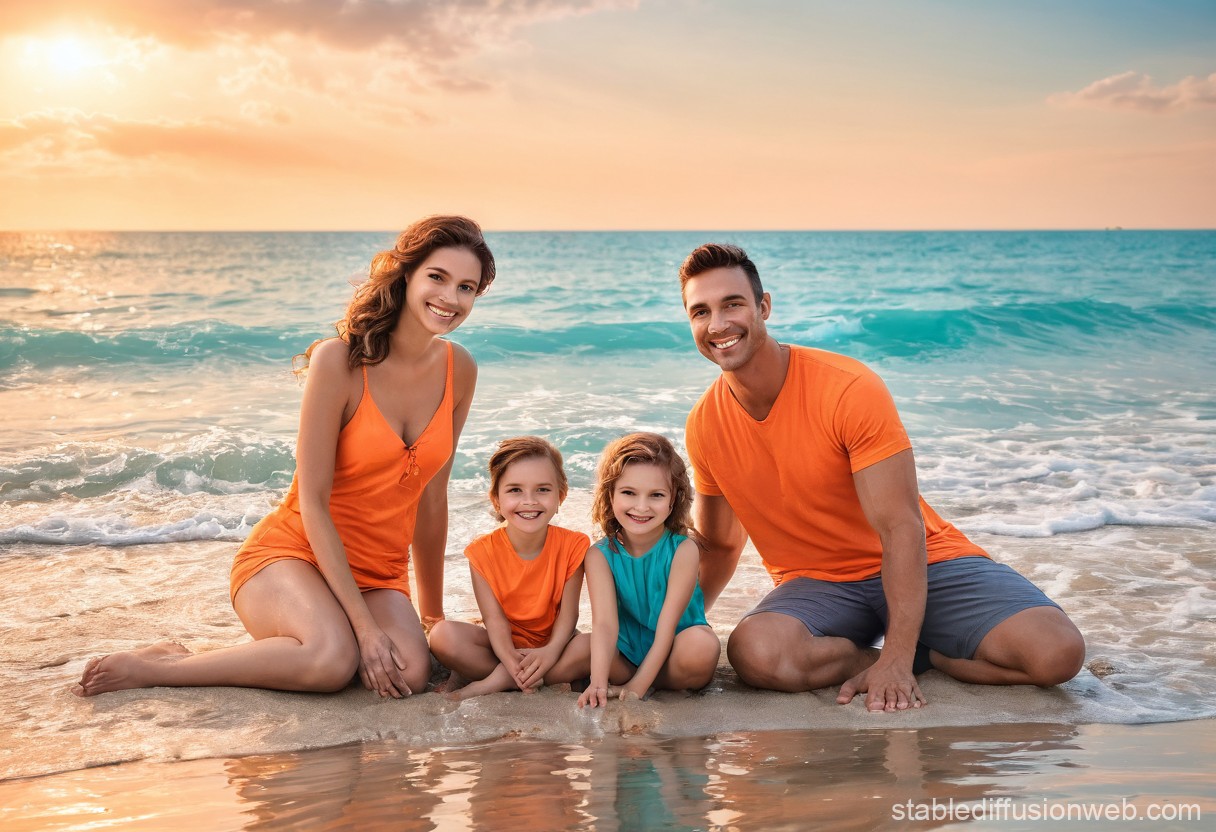 Happy Family Enjoying Sunset at the Beach