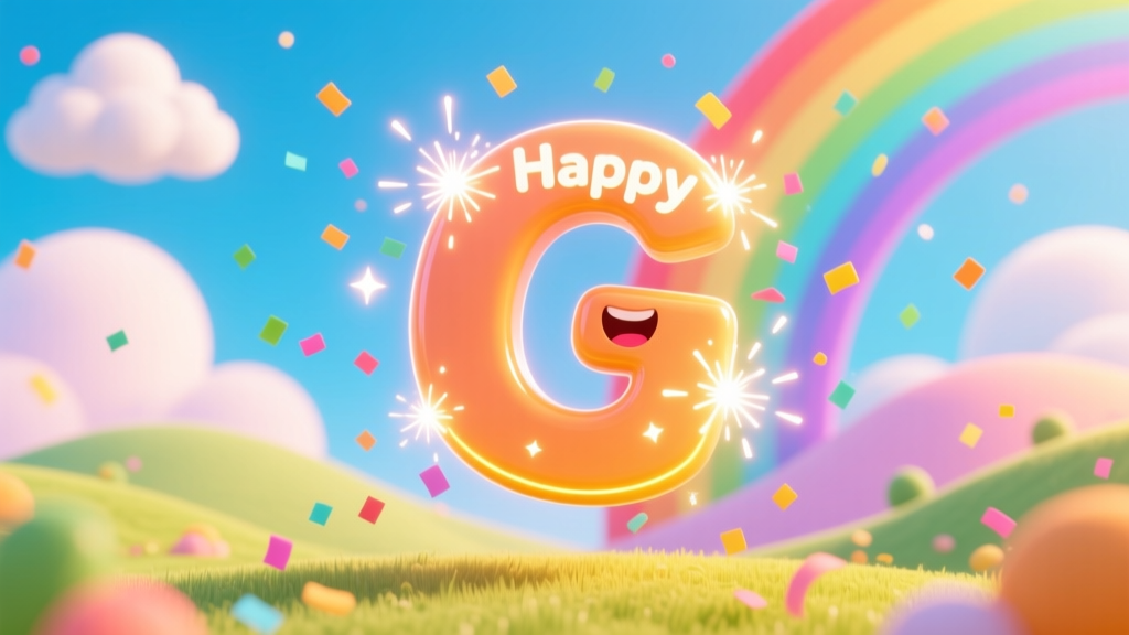 Happy G Letter with Rainbow and Confetti