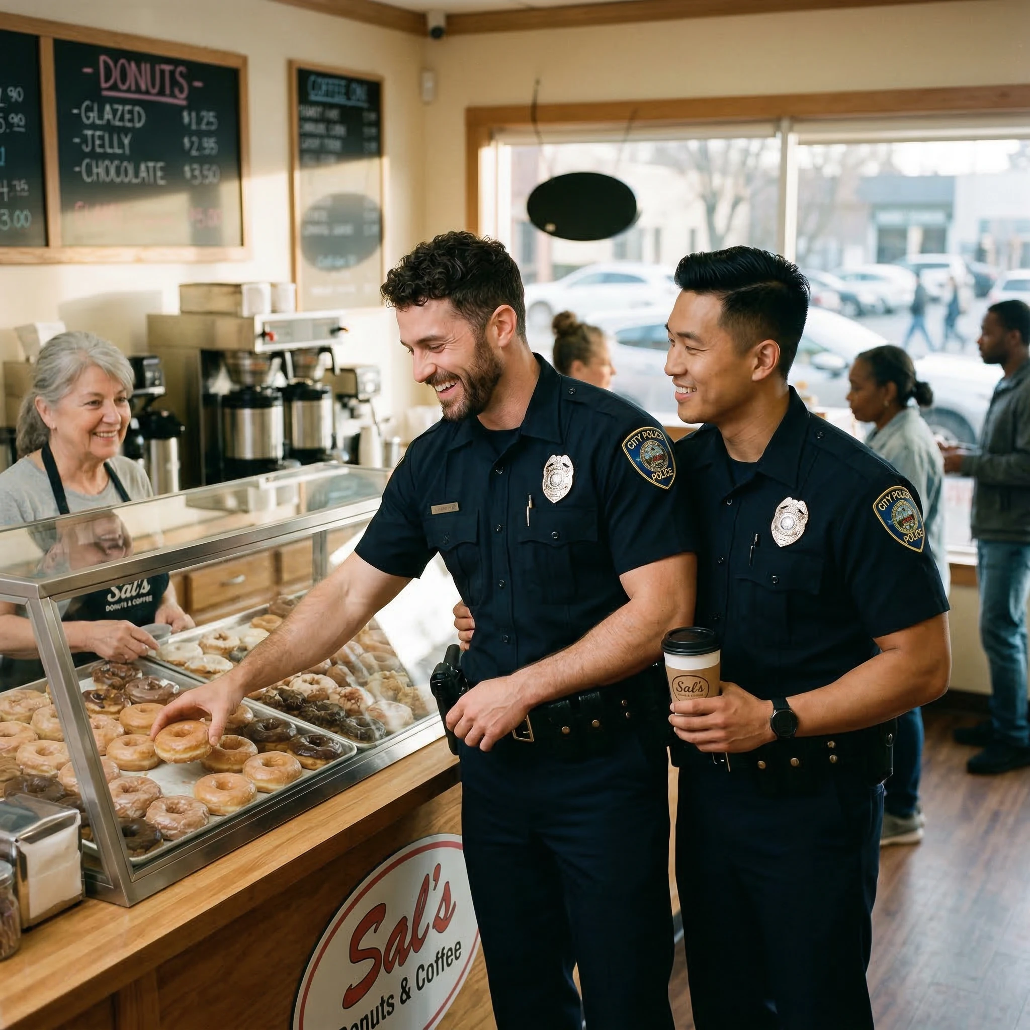 Happy Gay Cop Couple Buying Donuts at Coffee Shop