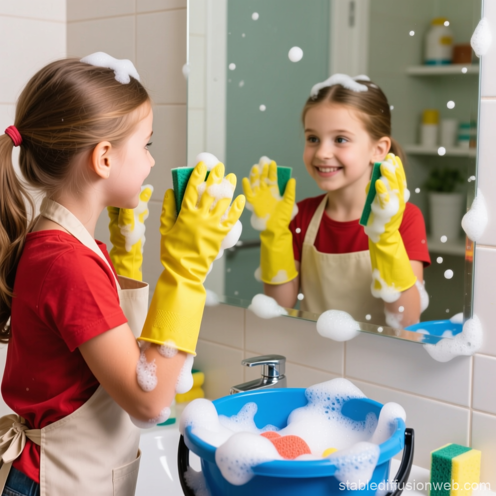 Happy Girl Cleaning Mirror with Soap Bubbles