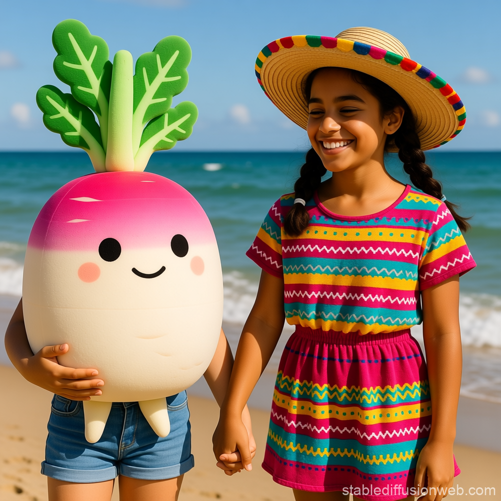 Happy Girl Holding Hands with Cute Radish Plush on Beach