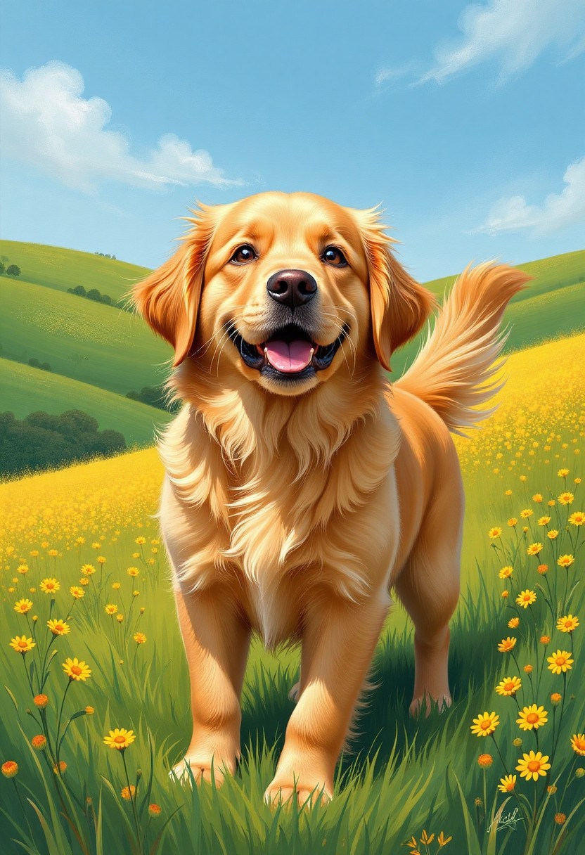 Happy Golden Retriever in a Sunny Flower Field