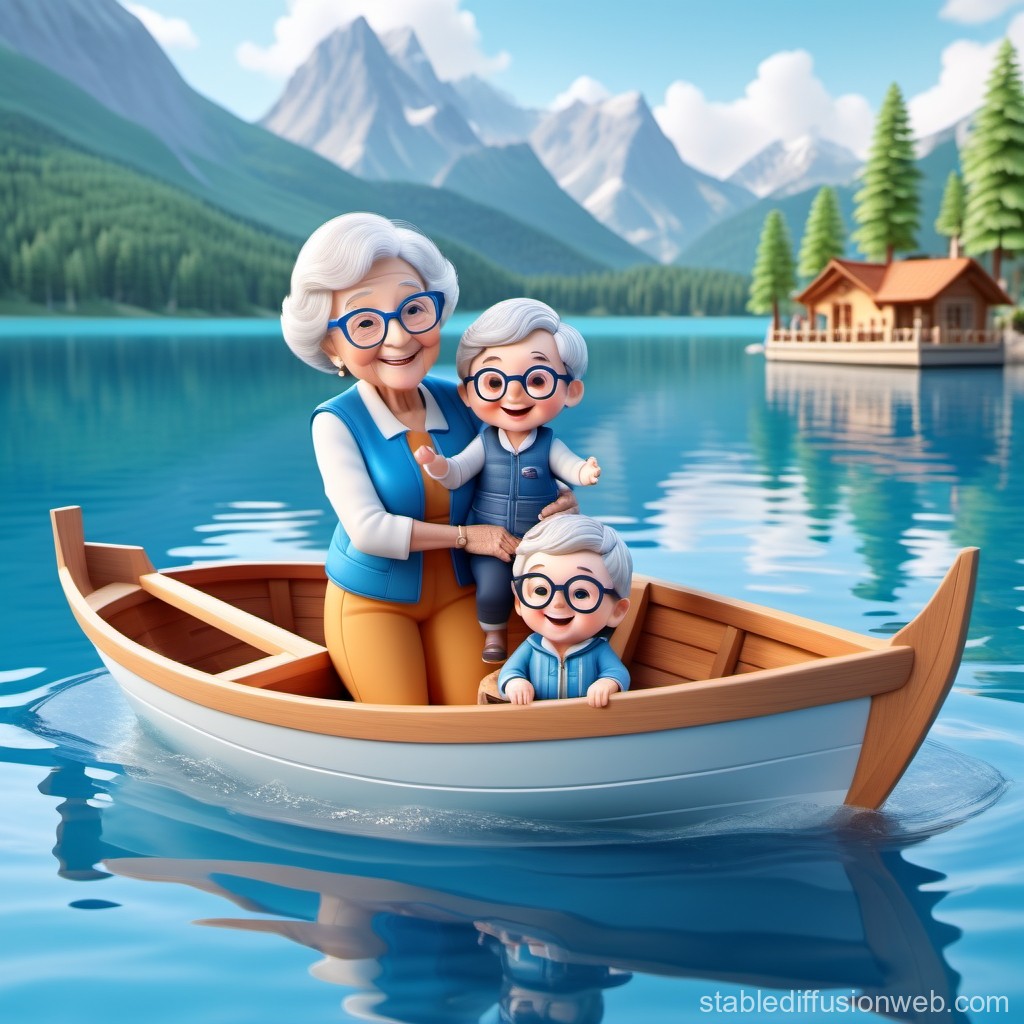 Happy Grandmother with Grandchildren Boating on a Mountain Lake