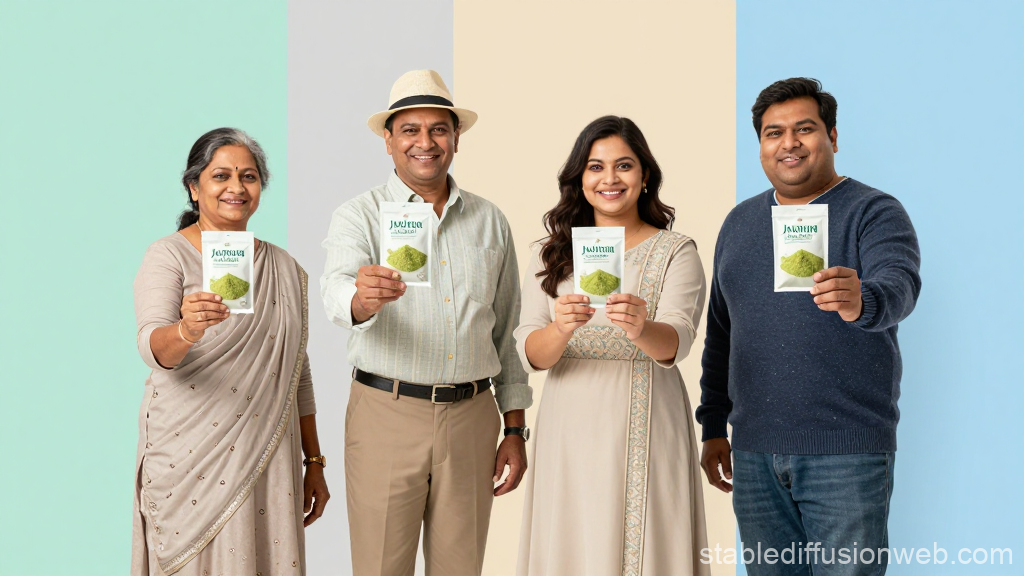 Happy Indian Family Holding Packets of Green Powder