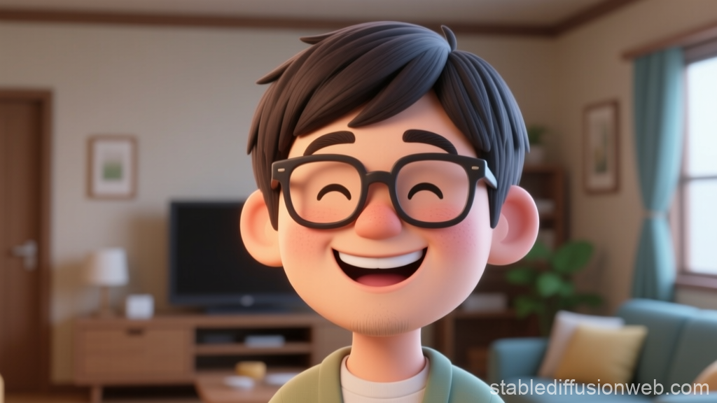 Happy Japanese Man Wearing Glasses in Cozy Living Room