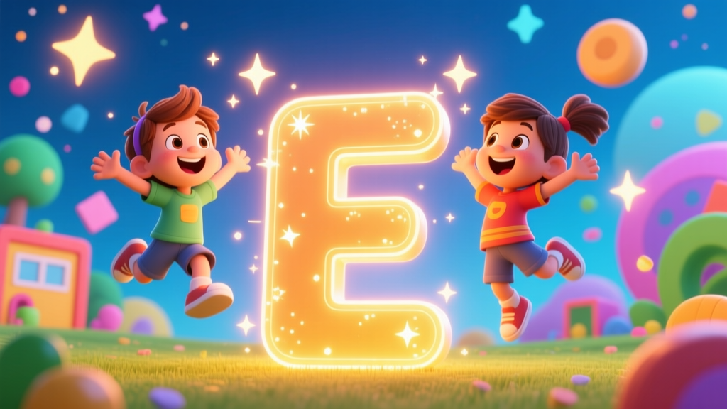 Happy Kids Jumping Around a Glowing Letter E
