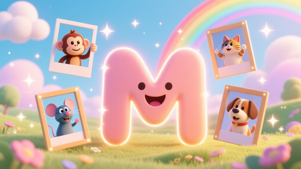 Happy Letter M with Cute Animal Friends in a Magical Landscape