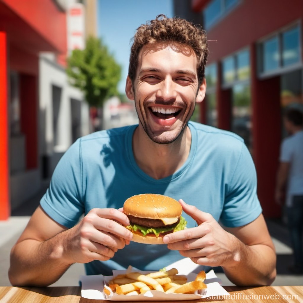 Happy Man Enjoying a Burger and Fries Outdoors