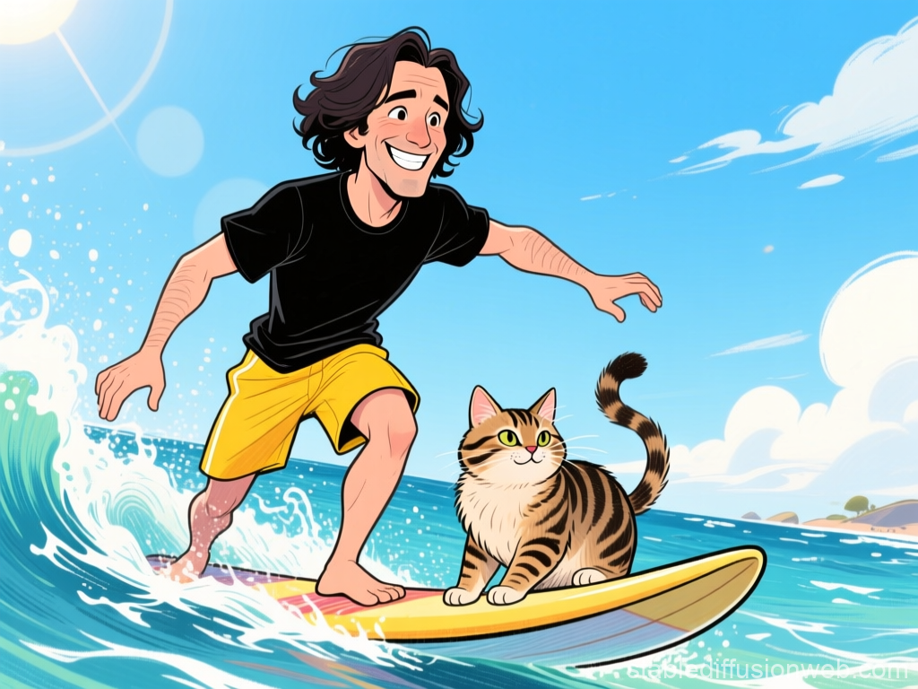 Happy man surfing with a cat on a sunny day