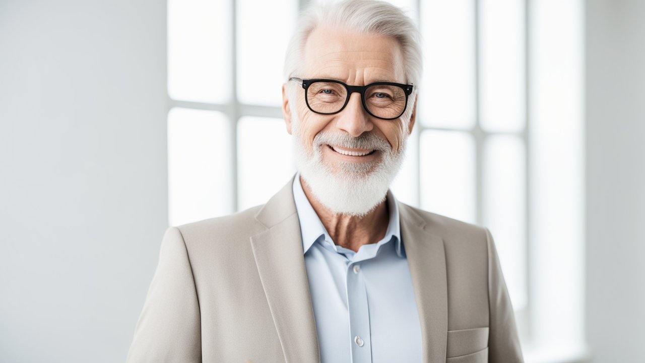 Happy Mature Man with White Beard and Glasses in Light Office
