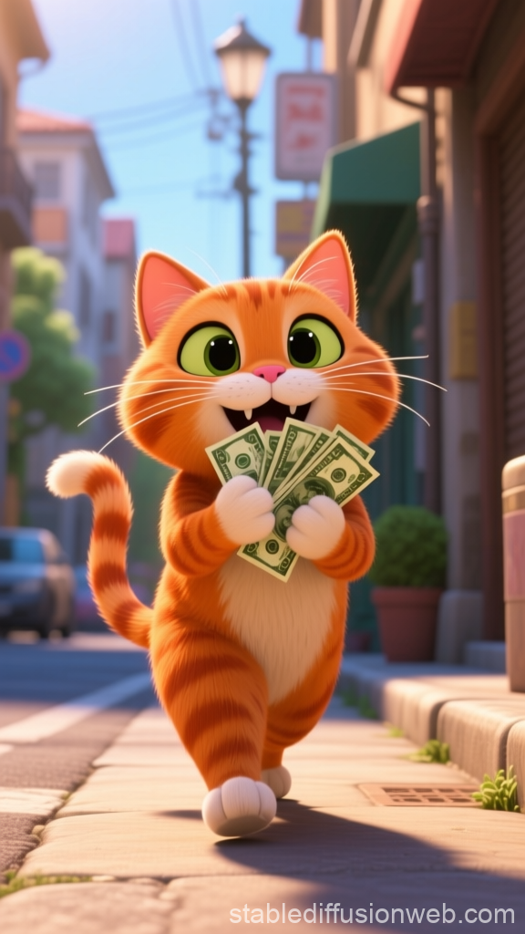 Happy Orange Cat Holding Money on City Street