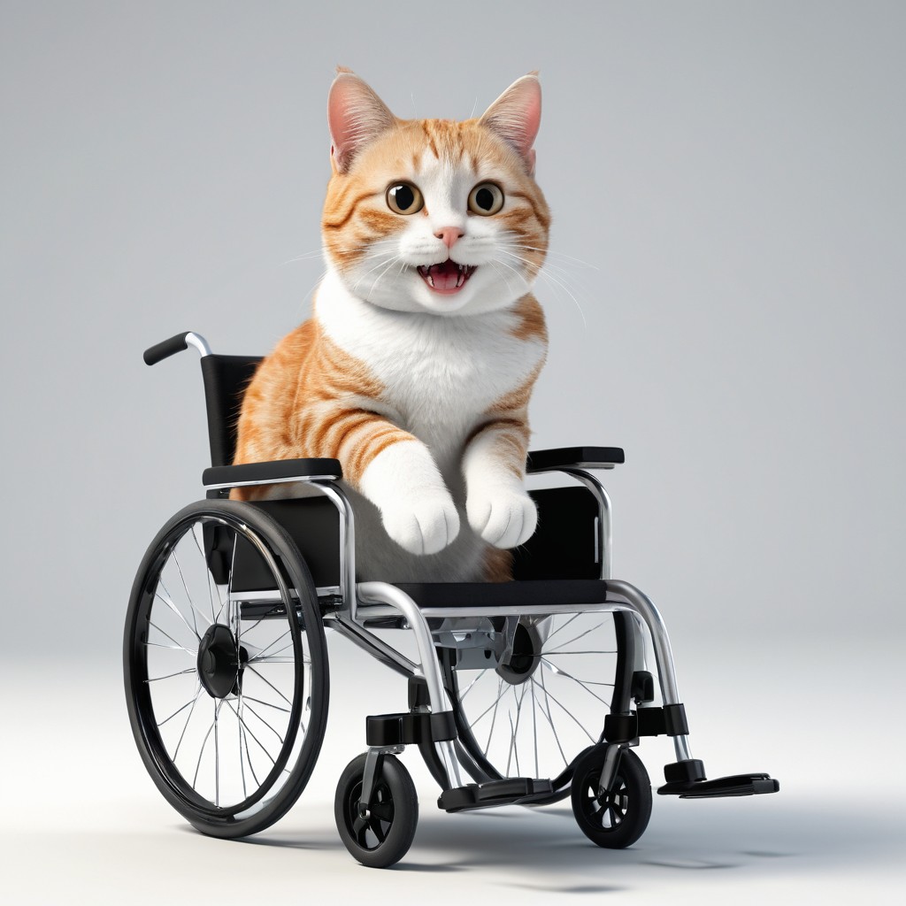 Happy Orange Tabby Cat Sitting in Wheelchair